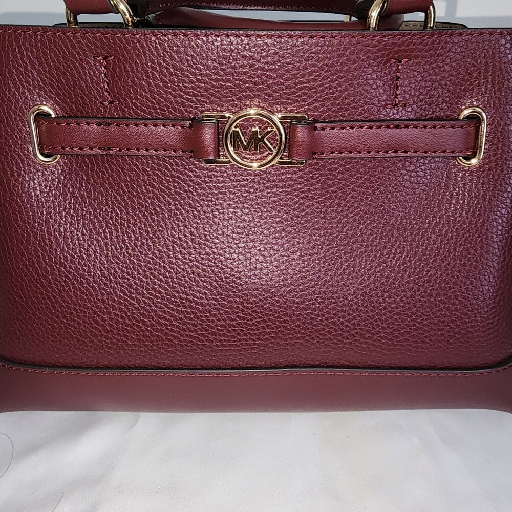 Michael Kors Reed Small Belted Oxblood Pebbled Leather Satchel Crossbody Bag